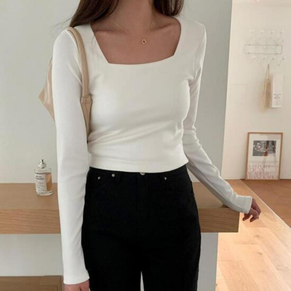 New ArrivalS Open Run Women S Simple T ShirT auTumn Square Neck Slim fiT