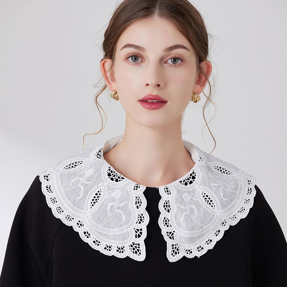 Weißer Baumwoll-Abnehmkragen für Damen Elegante Stickerei Floral Falscher Kragen Süßes Peter Pan Hemd Falscher Kragen Dekorativ