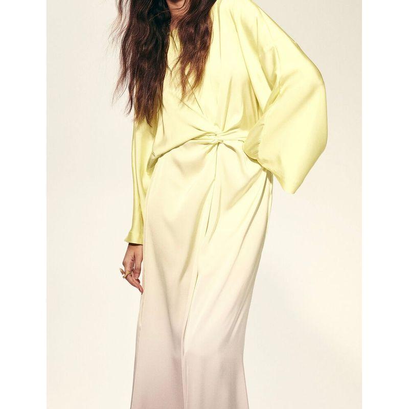 

Foreign Trade H Home Summer New Smooth Fabric Gradient Batwing Sleeve Twist Slim fit Slimming round Neck Personality Dress Light yellow 2XL