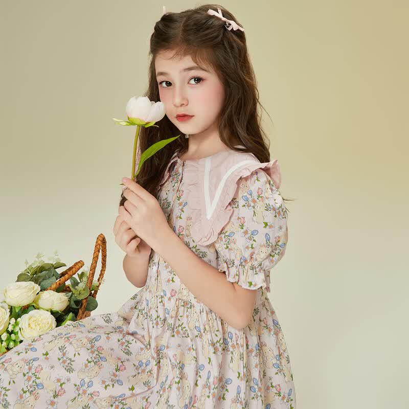 Little Tiger·Patty Girls' Sweet Rabbit Floral Puff Sleeve Summer Dress