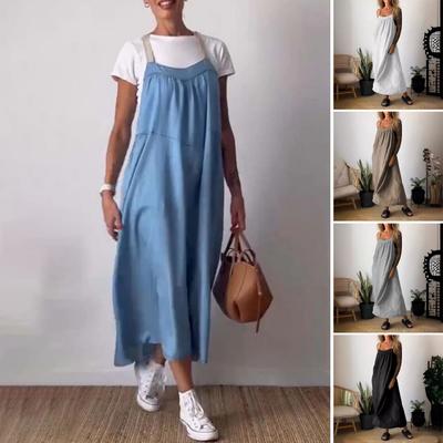 Damen Strapskleid, tief ausgeschnitten, ärmellos, rückenfrei, A-Linie, Bohemian-Stil, reine Farbe, übergroß, plissiert, Seitentaschen