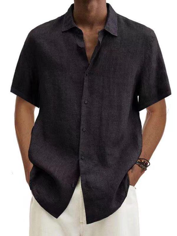 

2022 Summer V-Neck Button Cotton Linen Solid Color Men s Trendy Shirt 3XL чорний