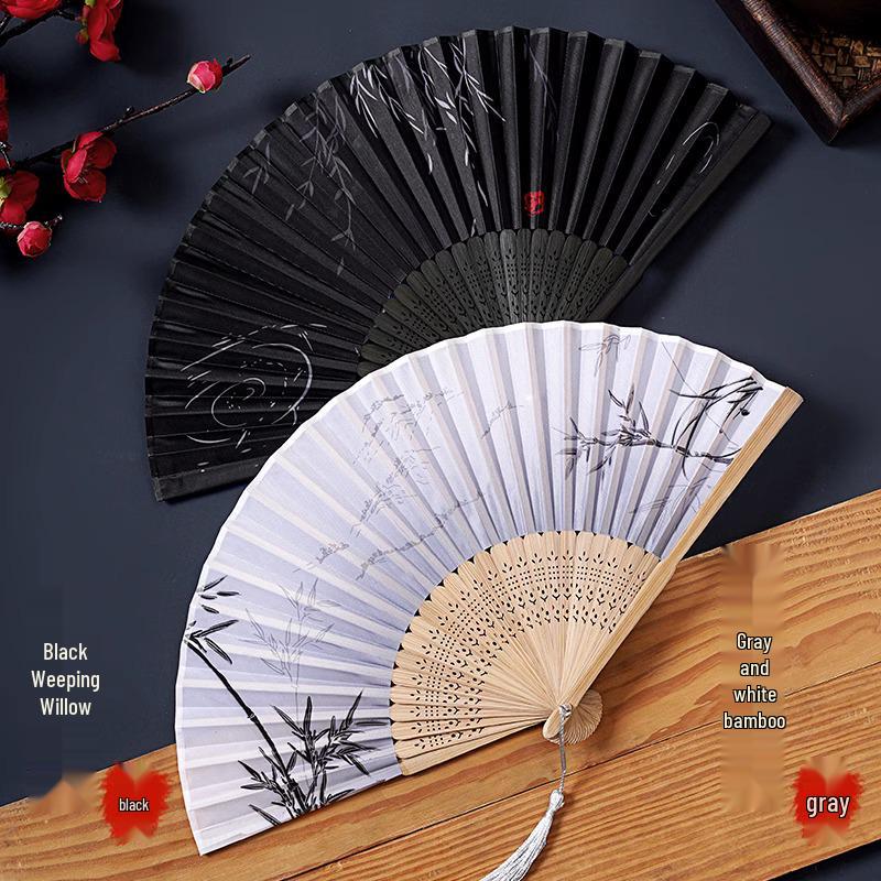 Ancient Chinese Style Black Bamboo Folding Fan for Women's Hanfu Dance Costume