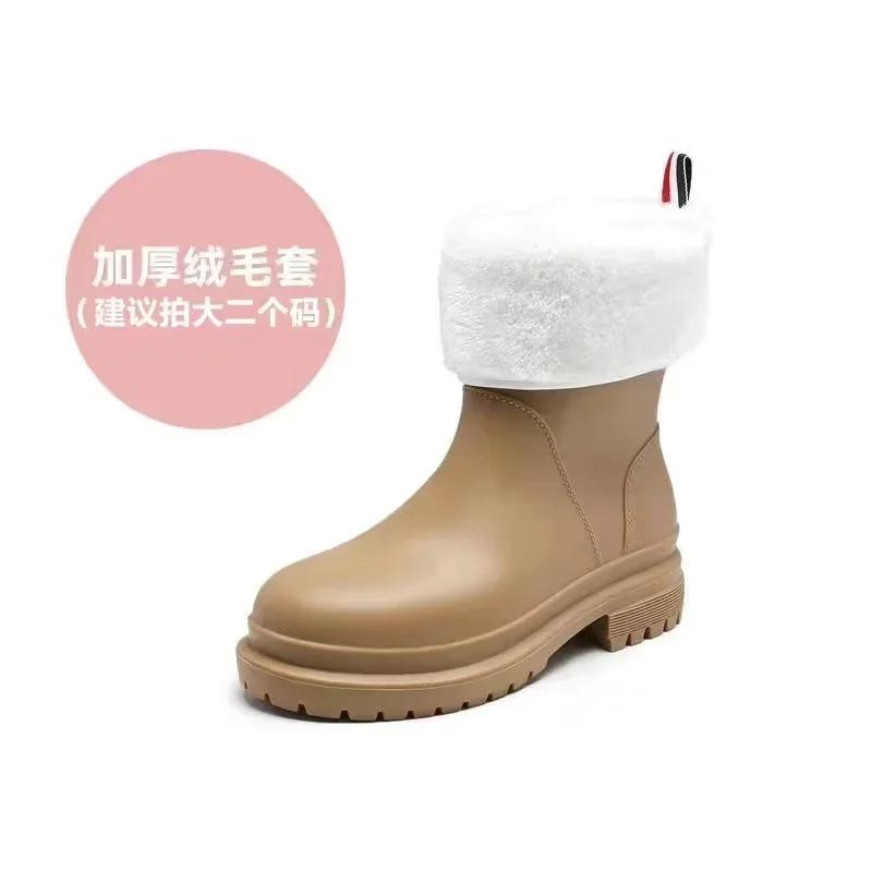 New Windproof Rain Boots Women Leather Mid-calf Rainboots Fashion Elastic Band Rain Shoe Ladies Cotton Waterproof Work Boot2025