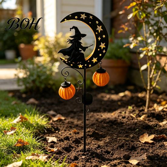 Spooky Pathway Markers for Parties Solar Halloween Witch Pumpkin Moon Garden Stake Light, Waterproof on Crescent Lights with Lantern, Outdoor LED Yard