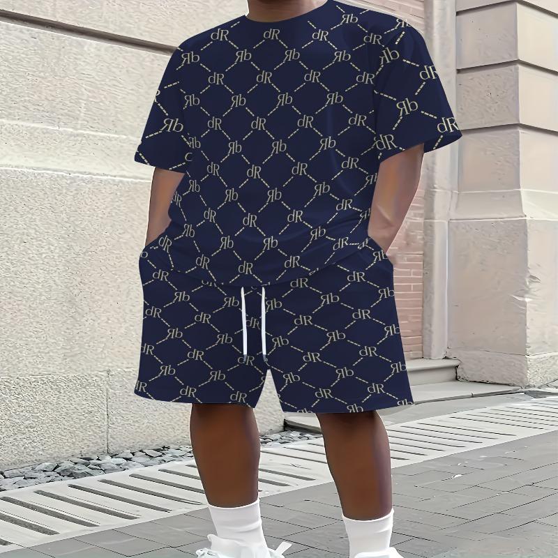 2-piece New Casual English Letter Printed Men's Short Sleeved+shorts, Breathable and Soft Summer Set with Drawstring Pocket Shorts