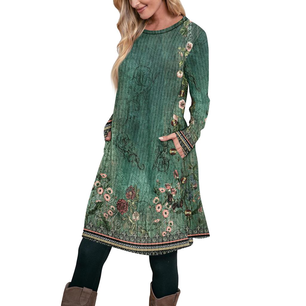 Women's Fashion Casual Long SleeveTunic Dress With Pockets Side Button Dress