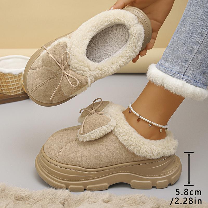 Fashion Bowknot Decor Platform Slippers Women Comfortable Non Slip Warm Fluffy Slippers Woman Thick Sole Fleece Lining Home Slides Shoes