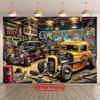 1 Vintage Hot Car Garage Party Banner - Durable Polyester Background, Featuring Classic Cars, Tools and the "Hot Car" Logo