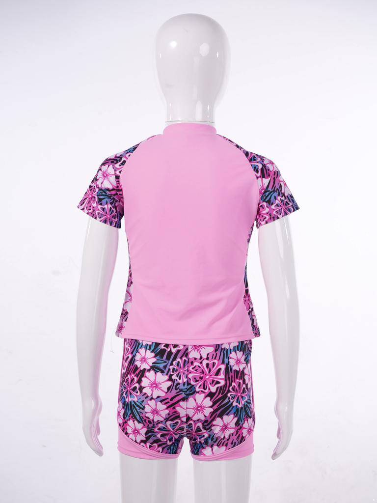 Front Zipper Closure Short Sleeves Stand Collar Tops + Elastic Waistband Shorts Floral Print Quickly Dry Swimwear 2Pcs Sets