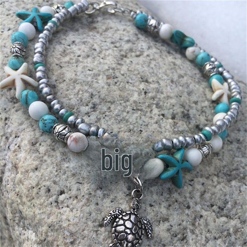 European & American Turquoise Starfish Turtle Anklet Set - Handmade Retro Beach Surfing Multi-layer Design