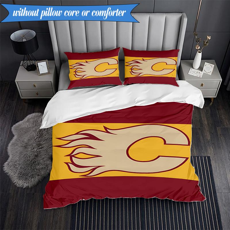 3PCS Flames Hockey Team Logo Bedding Set,Including 1pc Duvet Cover And 2pcs Pillowcases Perfect for Bedroom, Dormitory, Fan Christmas gift