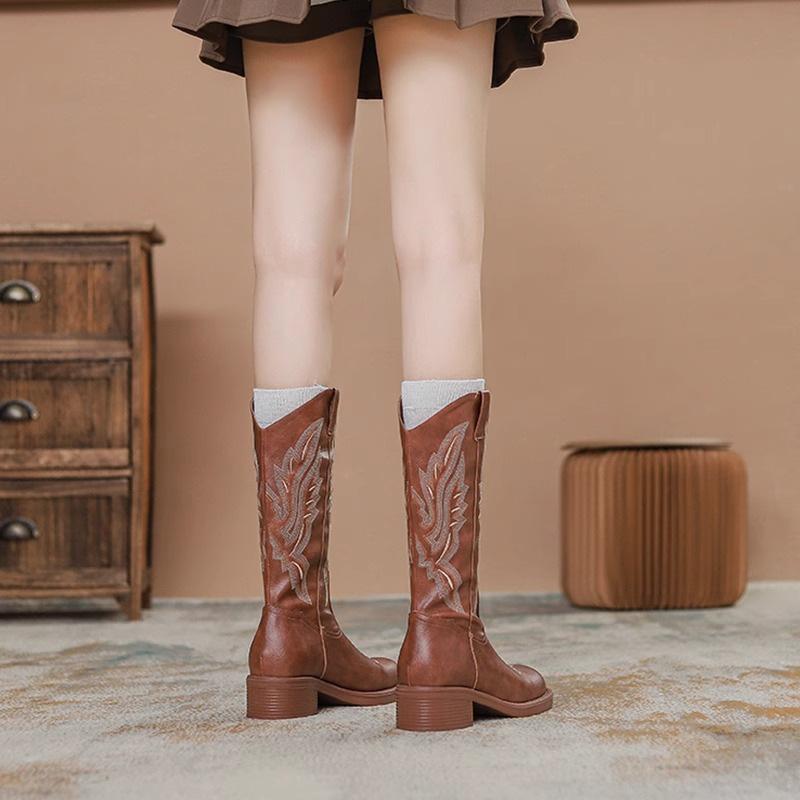 Vintage western cowboy boots 2025 new inner height increase medium tube Martin boots Chelsea boots embroidered long tube knight boots