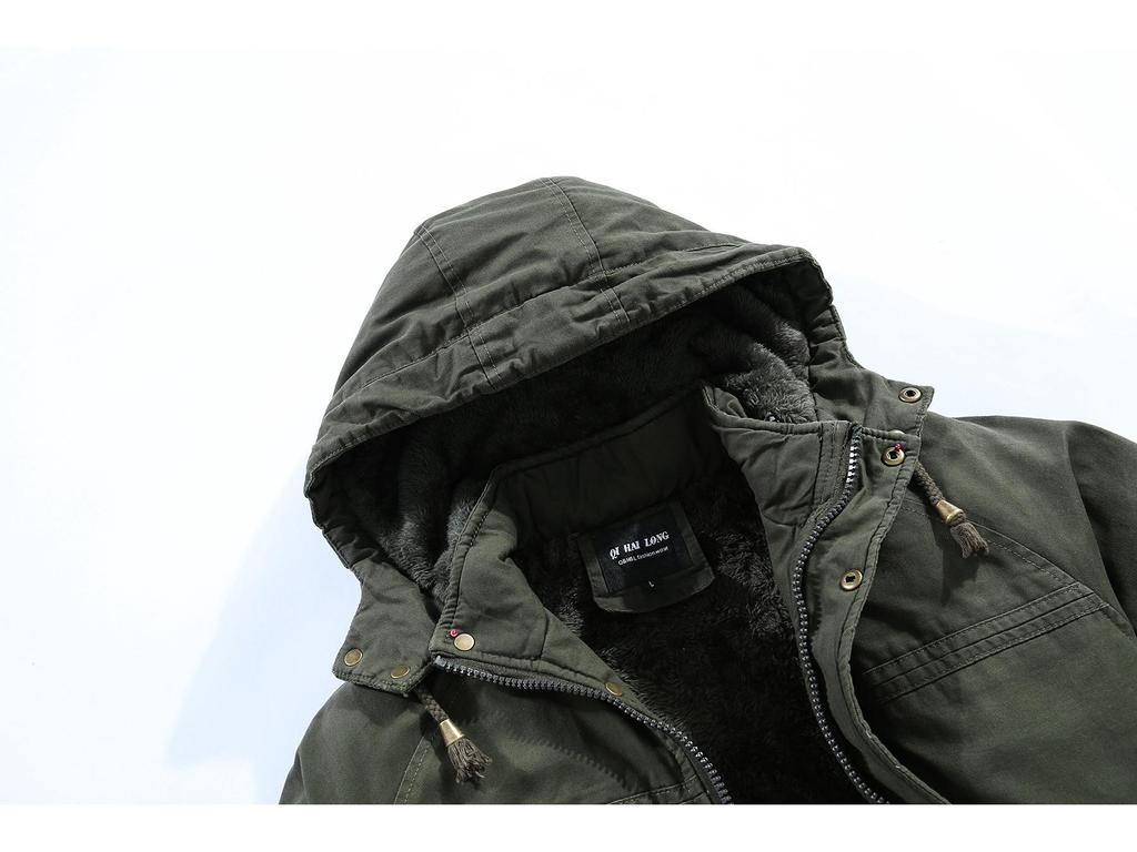 Męski zimowy płaszcz bawełniany z kapturem, plus aksamit, koreańska kurtka średniej długości