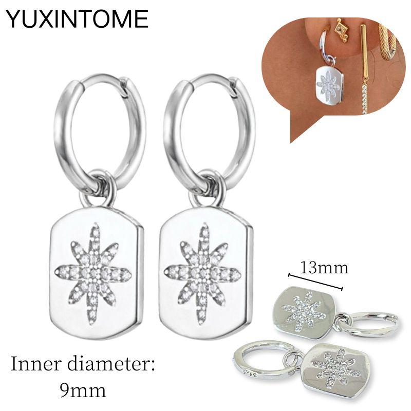 925 Sterling Silver Needle Vintage Square Round Pendant Earrings For Women Crystal Shell Geometric Earrings Fashion Jewelry