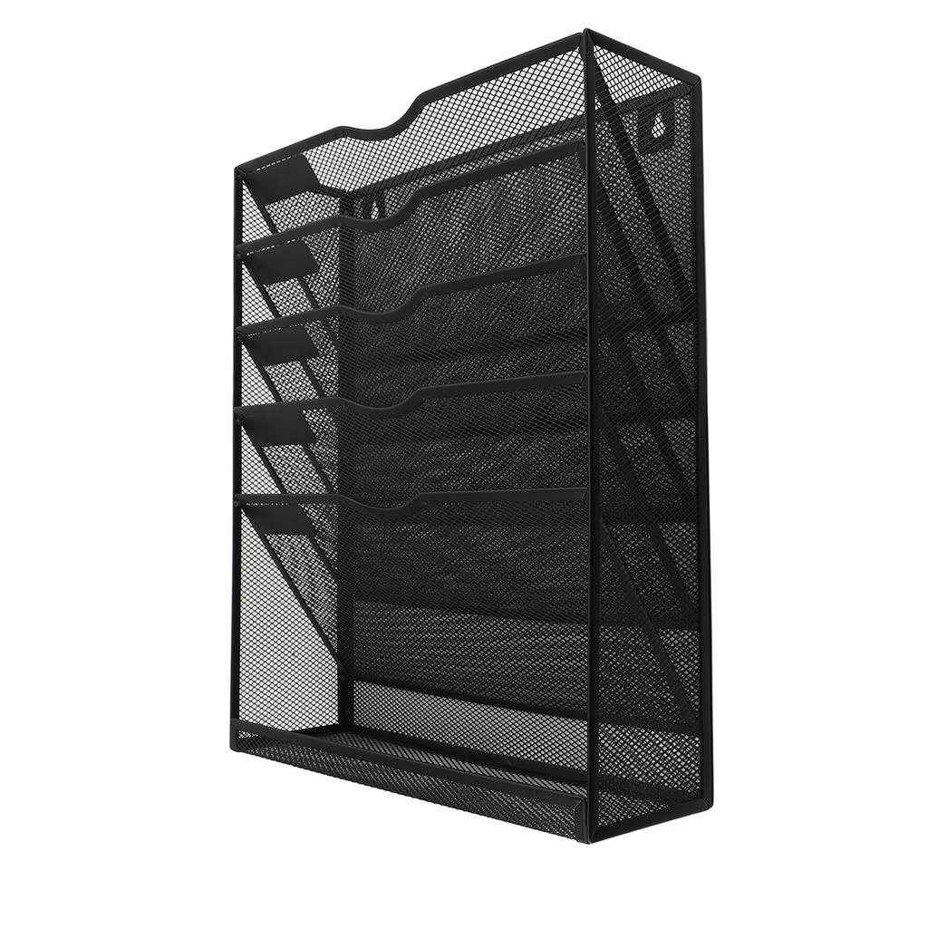 Wall Mount File Organizer with Bottom Tray 5 Tier Vertical Hanging Storage Holder for Office and Home Black