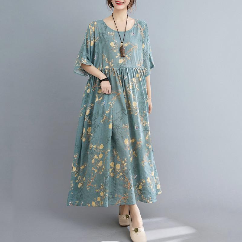Short Sleeve Oversize Cotton Vintage Women Casual Loose Long Dresses