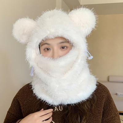 Hat Women's Winter Cute Bear Ears Can Be Used As A Scarf To Prevent Cold and Warm All In One Hat Casual Versatile Plush Toe Cap