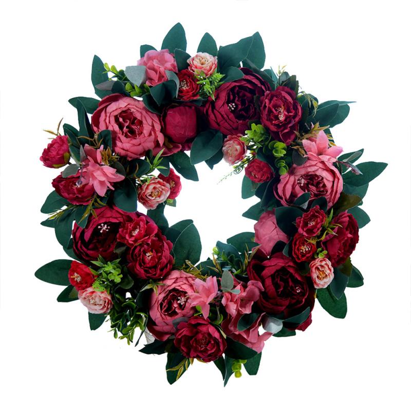 Artificial  Peony  Flower  Wreath Green Leaves Vintage Blooming Peony Wreath For Front Door Wedding
