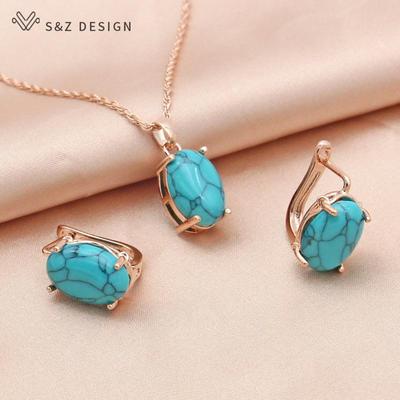 Vintage Fine Oval Egg Shape Imitation Turquoises Rose Gold Color Drop Earrings Jewelry Sets For Women Wedding Pendant Necklace