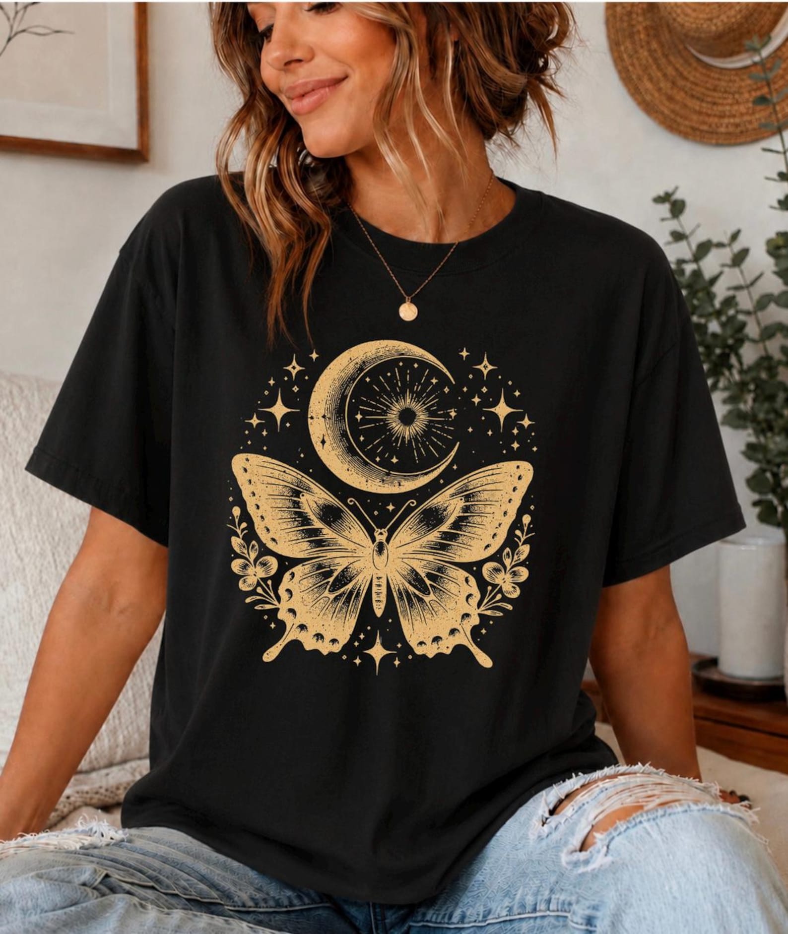 Celestial Butterfly Shirt, Moon & Stars Graphic Tee, Boho Butterfly T-Shirt, Vintage Celestial Shirt, Witchy Aesthetic Tee, Cottagecore Gift 4XL