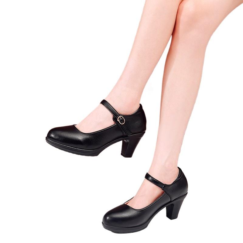 

French Style High Heels Women s Comfortable Thick Heel Buckle Flag Dress Soft Bottom Single Shoes round Toe Mid Heel Summer 35 чёрный