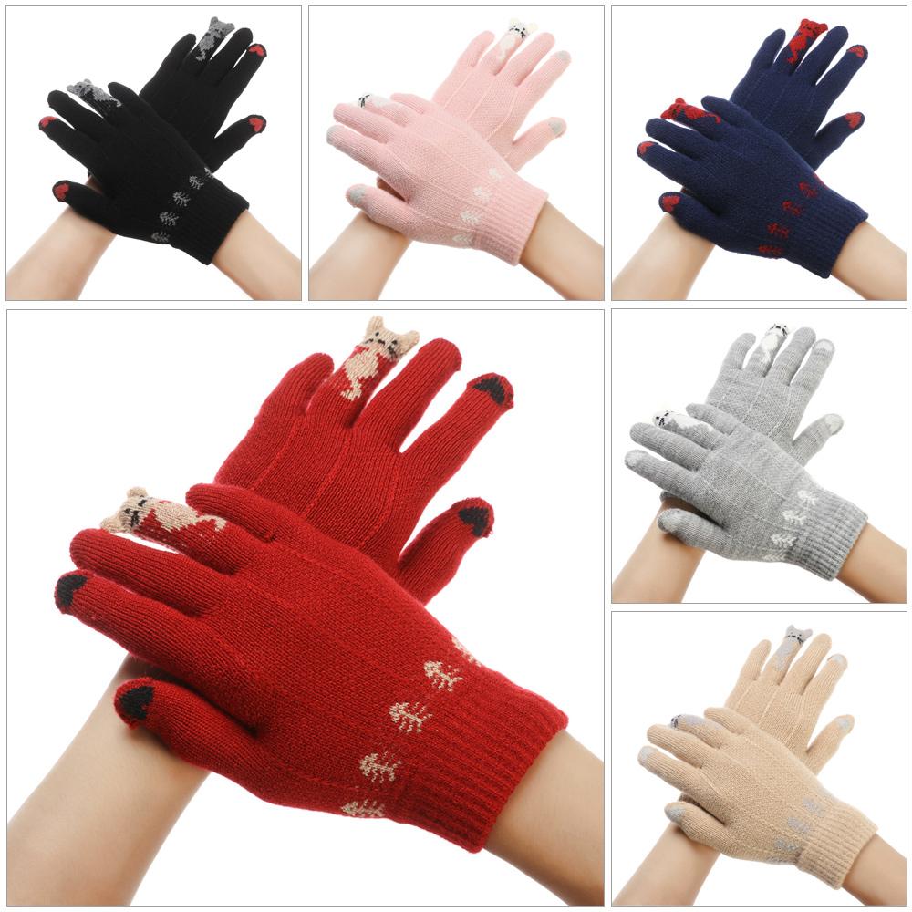 Finger Warm Cartoon Cats Soft Elastic Touch Screen Mittens Knitted Gloves Thicken Warm Full Finger