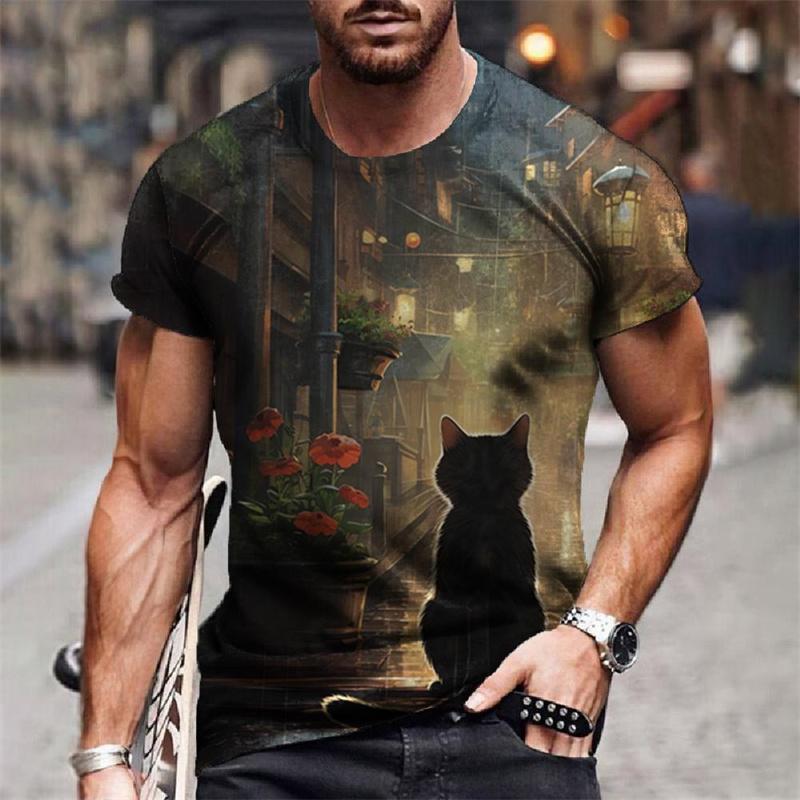 Starry Sky Cat Universe Pattern Funny Animal 3D Printed Men's T-shirts Summer Harajuku Short Sleeve O-Neck Tops