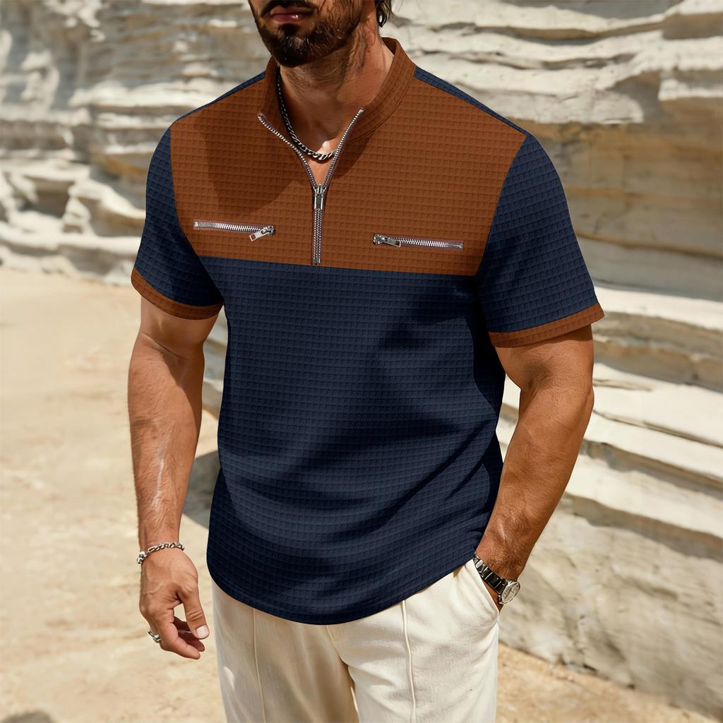 Men's Color Blocked Stand Up Collar 1/4 Zip Up Shirt  Men's Casual And Comfortable Short Sleeved Shirt