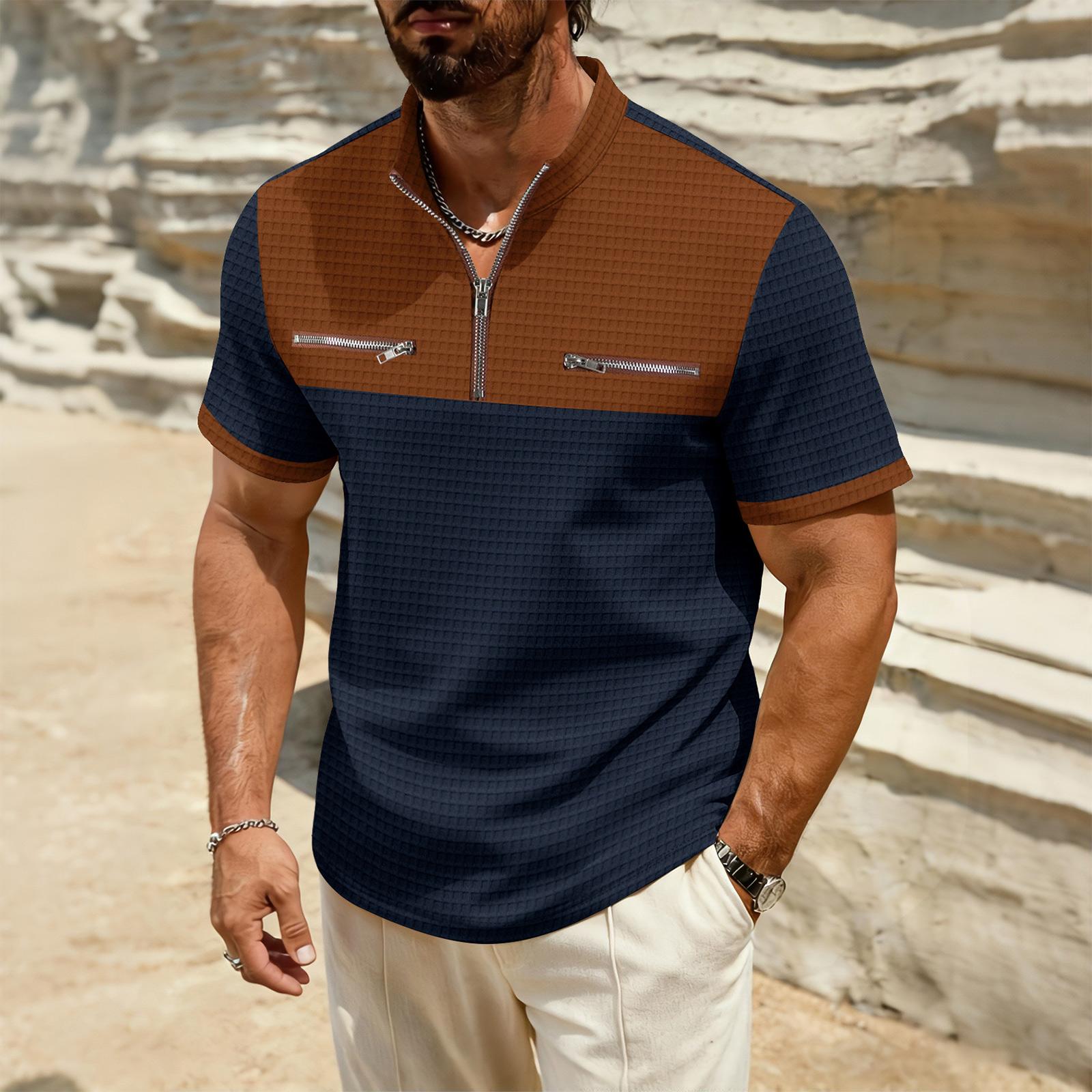 

Men s Color Blocked Stand Up Collar 1/4 Zip Up Shirt Men s Casual And Comfortable Short Sleeved Shirt XXL Темно-синій