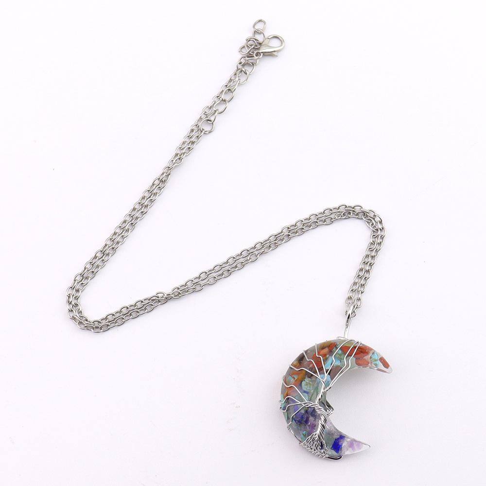 Chakela Crescent Moon Tree of Life Necklace with Natural Crystal Stones