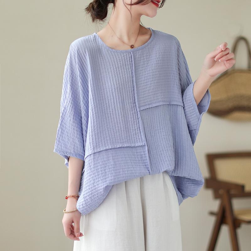 

Летняя литературная хлопковая льняная свободная однотонная повседневная футболка с коротким рукавом и рукавом «летучая мышь» для женщин 3xl светло-фиолетовый