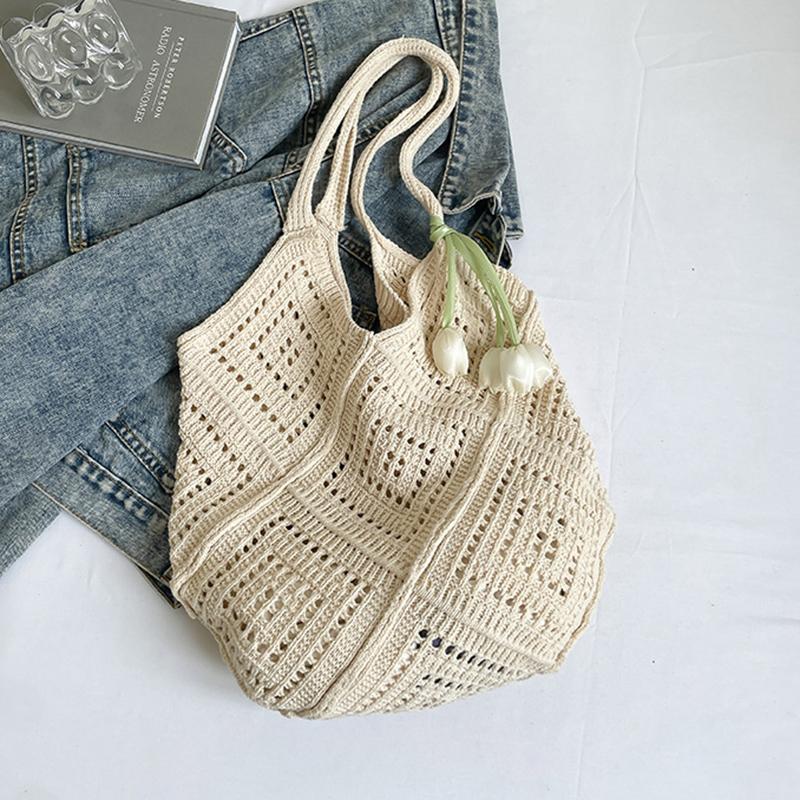 New Trend Women's Bag Crochet Handbag Retro Knitted Solid Color Hollow Top-handle Tote Bag Travel Shopper Shoulder Bag CLE