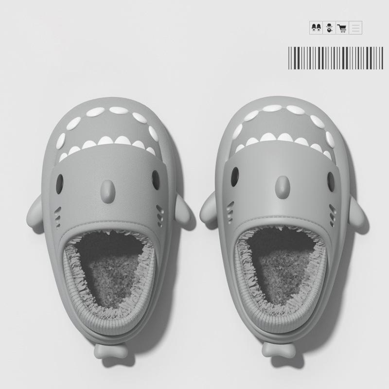 Fashion Smile Pop Men Winter Shark Slippers Plush Warm Cartoon Men's Cotton Slippers Outdoor Antiskid Waterproof Fur Fluffy Men Shoes