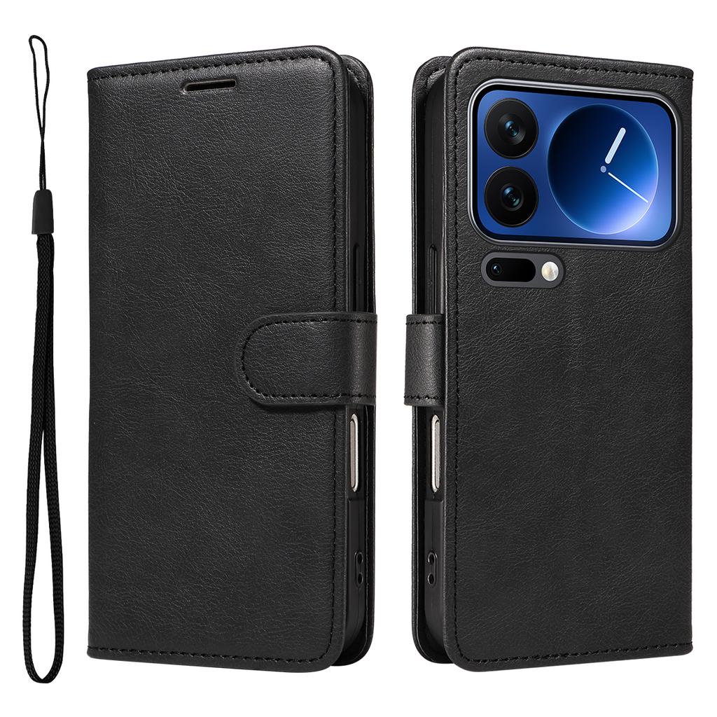 For Xiaomi 17 Pro Leather Wallet Case with Strap Solid Color Phone Stand Cover