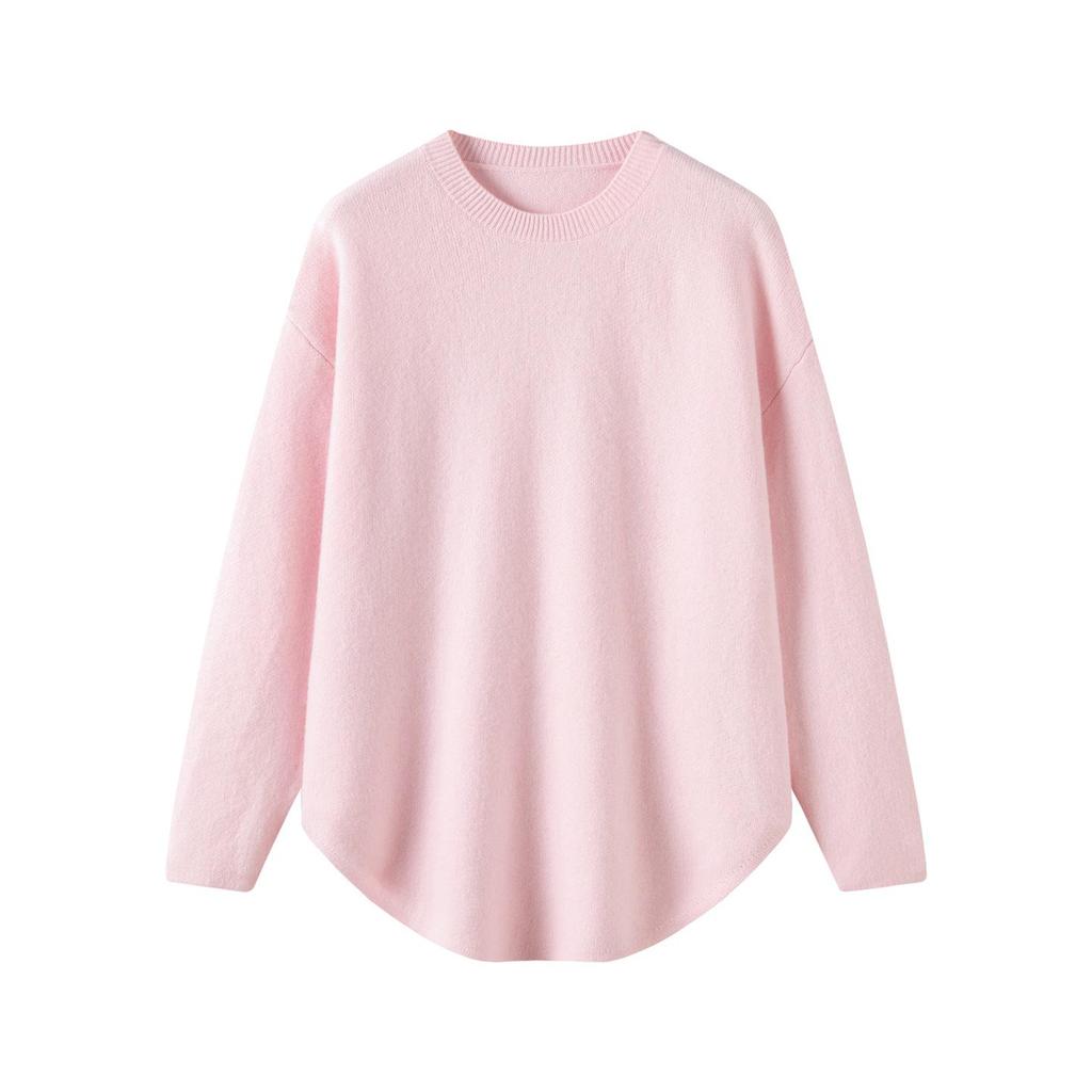 Cashmere Seven-Stitch Round Neck Loose Mid-Length Split Hem Knitted Sweater