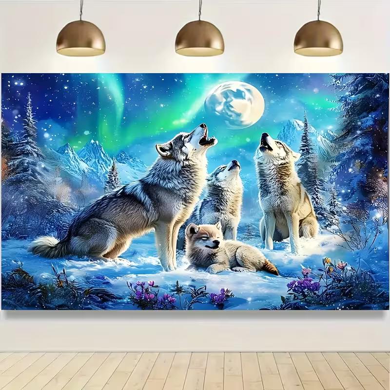 2D Northern Lights Wolves Background for Photoshoot, Video and Live Streaming