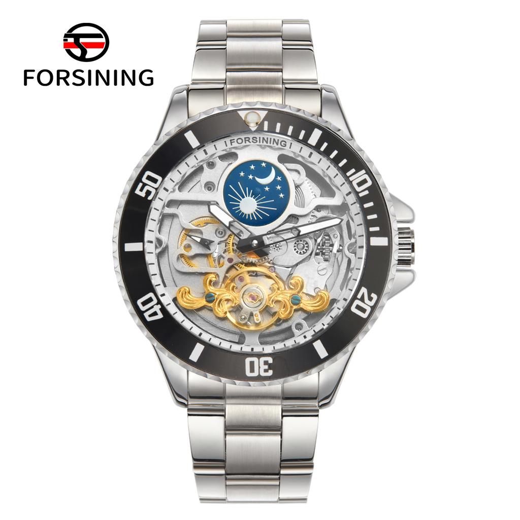 Forsining Luxury Mechanical Watch for Men Moon Phase Rotating Bezel Tourbillon Skeleton Automatic Watches