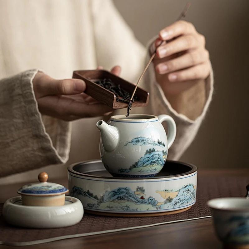 Starožitná konvice na krajinu Čínský čajový set Keramický čajový servis Mléčný oolong Čaj Tie Guan Yin Jasmínové čajové nádobí Typ Lily Deng