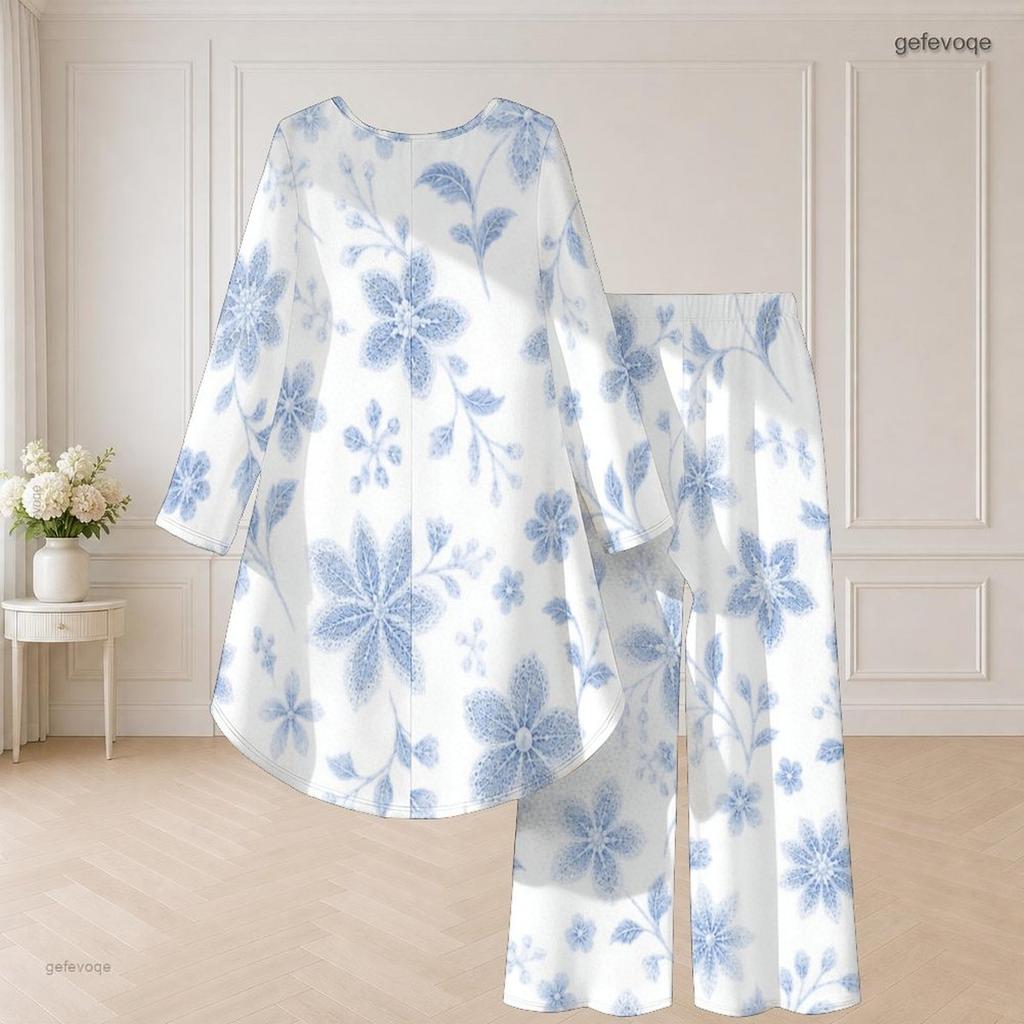 Damen Übergröße Rundhals Langarm Blumenmuster High-Low-Top Weitbeinige Hose Zweiteiliges Set