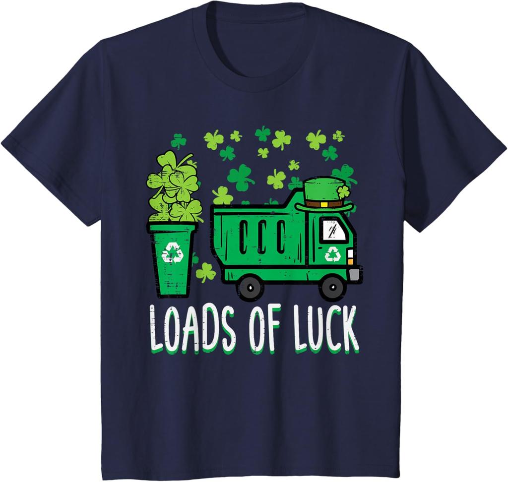 Garbage Truck Loads Of Luck St Patricks Day Graphic Tee Recycle Theme Short Sleeve T-Shirt