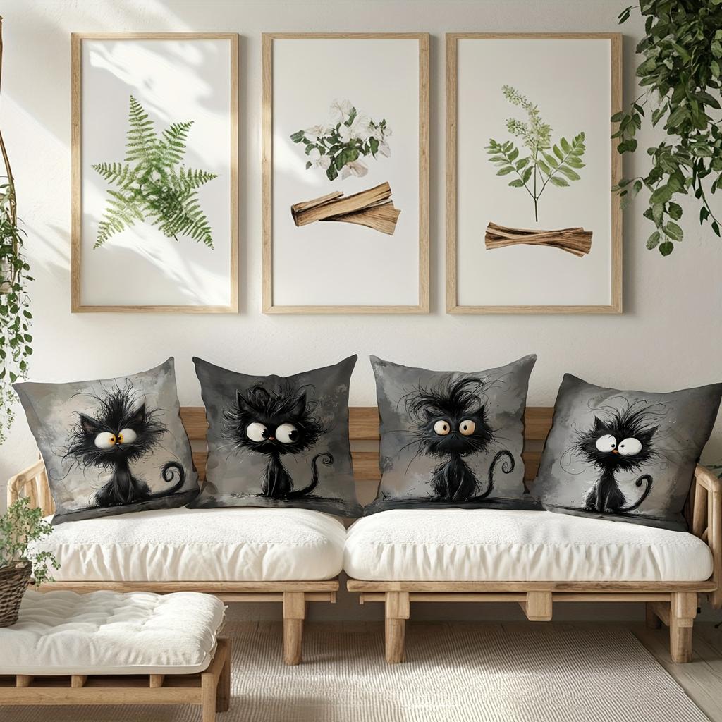 1/4pcs Funny Fluffy Black Cat Throw Pillow Covers Cute Cartoon Gothic Decorative Pillowcases for Home Sofa Bedroom Cushion cover