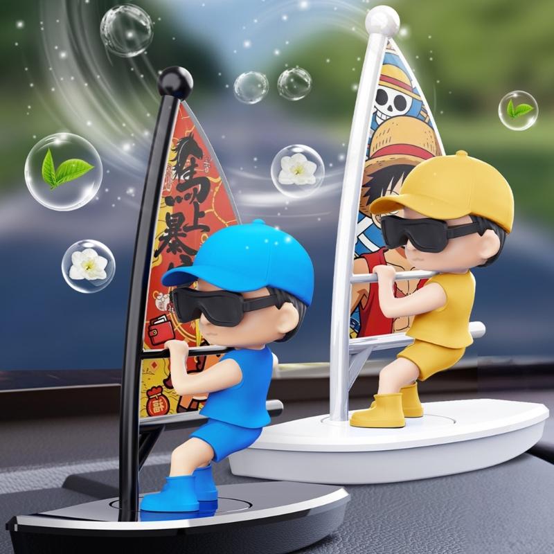 Sailing Boat Car Dashboard Decoration with Detailed Base, Sail and Character Figure, Plus Scent Insert for Cabin Accent