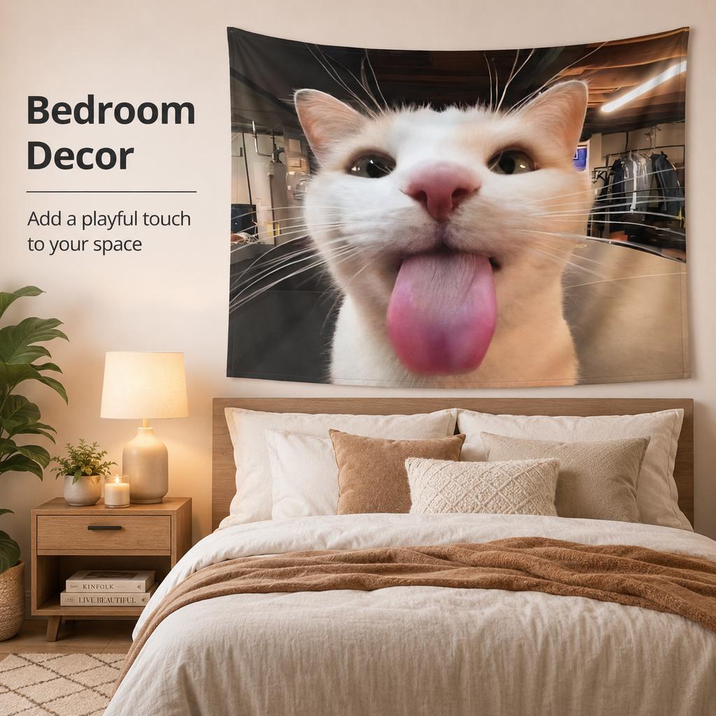 Quirky White Cat Tapestry Silly Face Meme Wall Hanging Flat Print Aesthetic Room Decor for Teen Bedroom Dorm Living Room