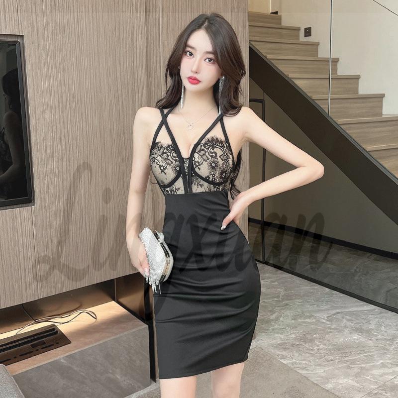 Lace Splice Hollow Camisole Bodycon Dress Medium чёрный