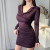 Korean Spring 2026 Sexy Pleated Dress: Slim Fit, V-Neck, Hip-Hugging Short Skirt