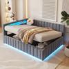Gestoffeerd Bedbank 140x200, Met Hydraulische Opbergruimte, LED Verlichting en USB Laadpoort, Met Rugleuning, Hoofdbord en Bedframe, Velours Stof Grijs