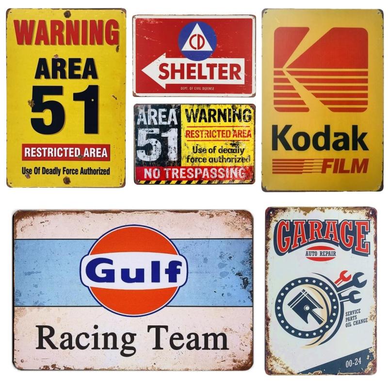 Retro Metal Tin Signs Vintage Decor Area 51 Plaque Garage Warning Danger Wall Plates Cafe Bar Decor Room Decoration