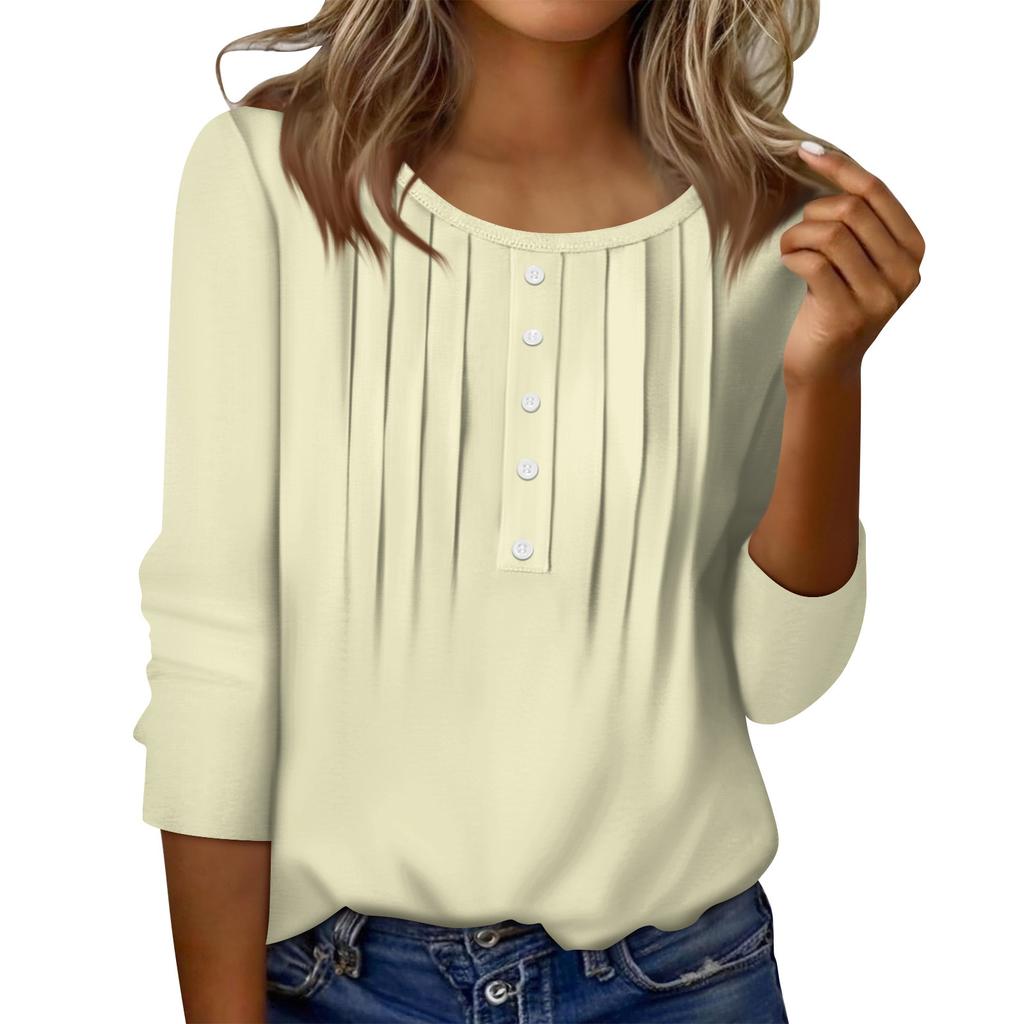 Damen Rundhals Pulli Streifen Zierknopf Top Lässig Einfarbig 3/4 Ärmel T-Shirt