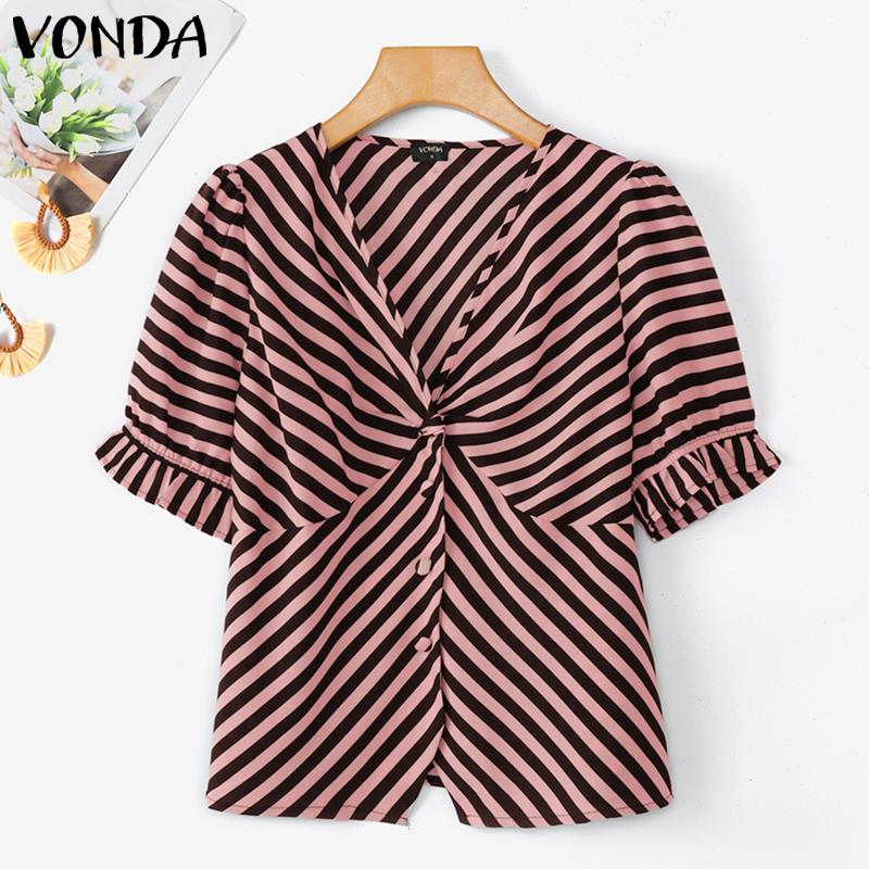 VONDA Summer Women Short Puff Sleeve Twisted Striped Casual Blouse